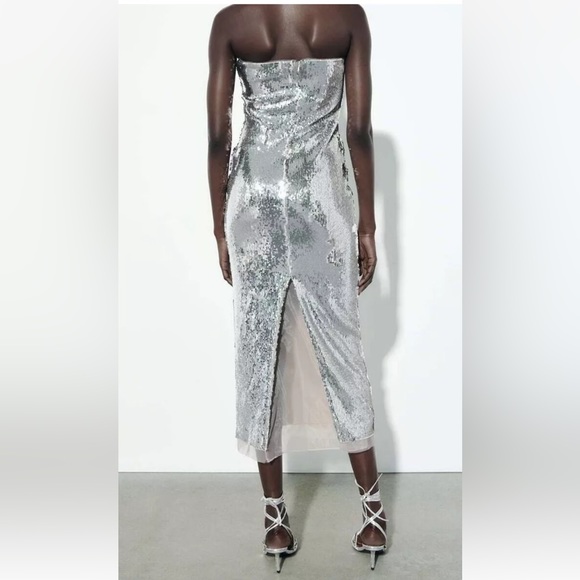 Zara Sequin appliqué Strapless Midi Dress Organza Tulle hem Silver Size XS NWT - Picture 9 of 16